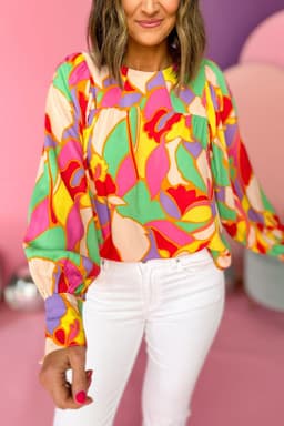 image-Yellow Abstract Print Puff Sleeve Blouse