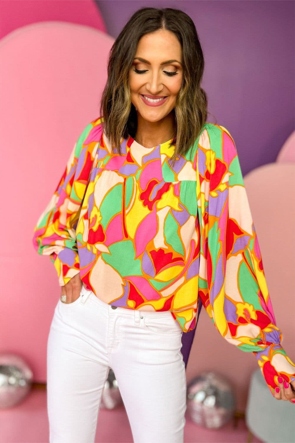 image-Yellow Abstract Print Puff Sleeve Blouse