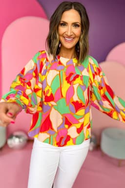 image-Yellow Abstract Print Puff Sleeve Blouse