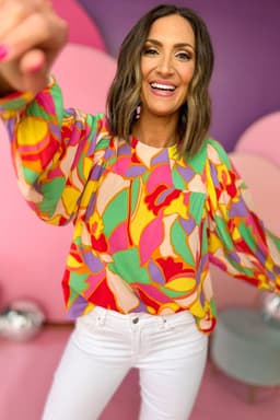 image-Yellow Abstract Print Puff Sleeve Blouse