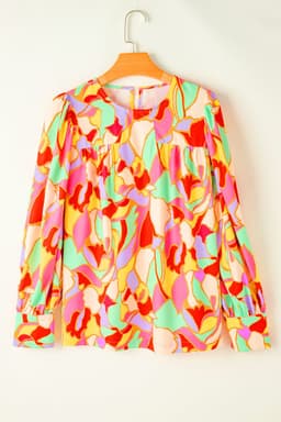 image-Yellow Abstract Print Puff Sleeve Blouse