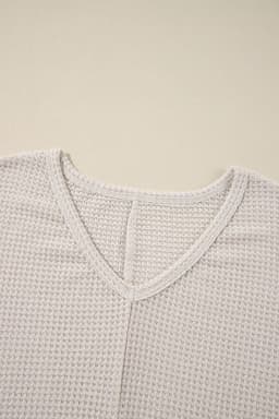 image-White Waffle Knit Side Slits Loose Fit V Neck Top