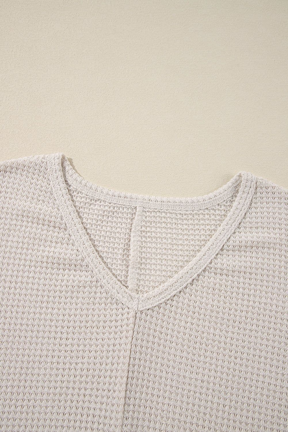 image-White Waffle Knit Side Slits Loose Fit V Neck Top