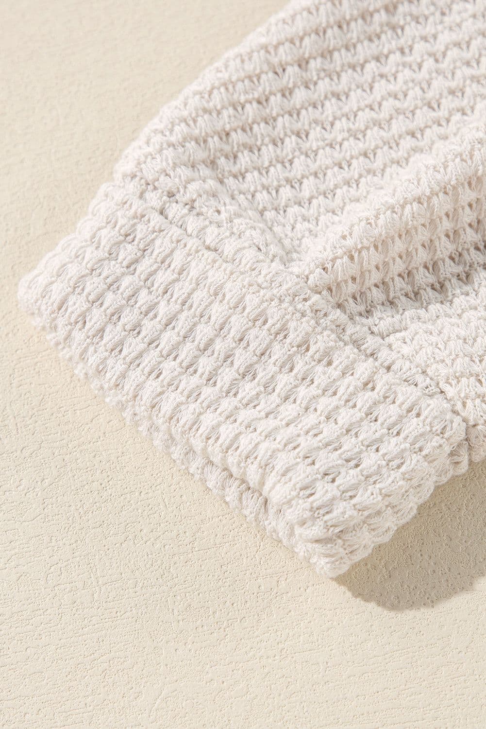 image-White Waffle Knit Side Slits Loose Fit V Neck Top
