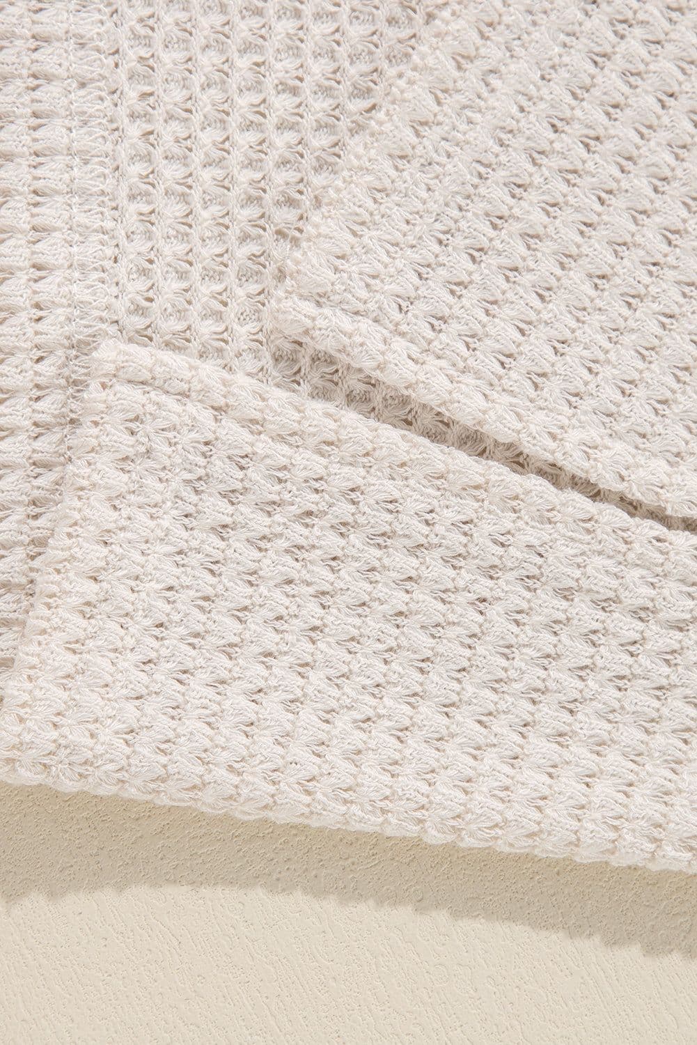 image-White Waffle Knit Side Slits Loose Fit V Neck Top