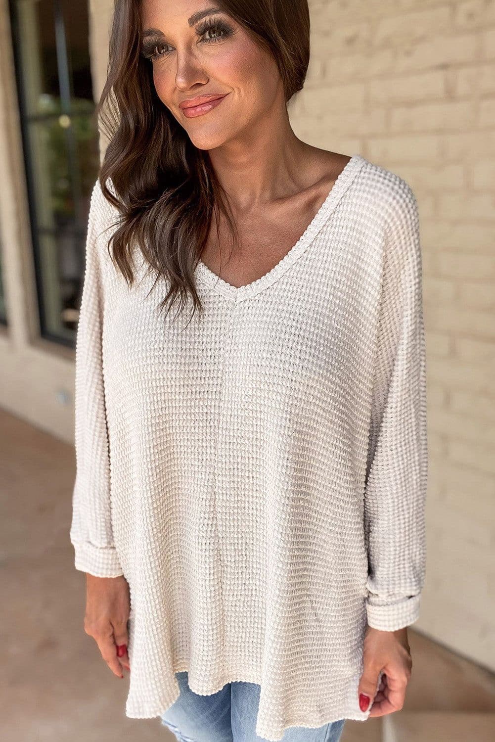 image-White Waffle Knit Side Slits Loose Fit V Neck Top