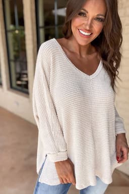 image-White Waffle Knit Side Slits Loose Fit V Neck Top