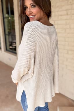image-White Waffle Knit Side Slits Loose Fit V Neck Top