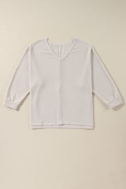 image-White Waffle Knit Side Slits Loose Fit V Neck Top