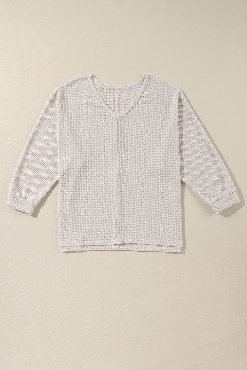 image-White Waffle Knit Side Slits Loose Fit V Neck Top