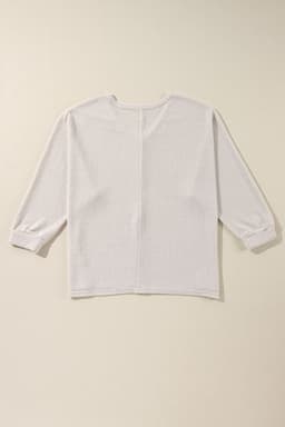 image-White Waffle Knit Side Slits Loose Fit V Neck Top