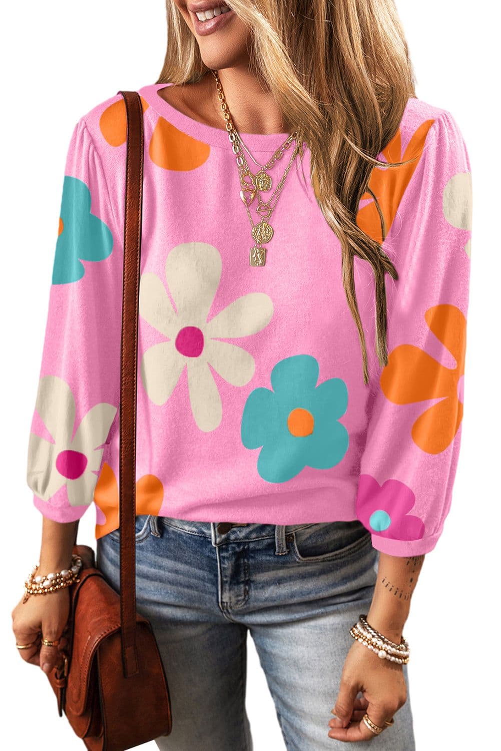 image-Apricot Cute Flower Print Bracelet Sleeve Top