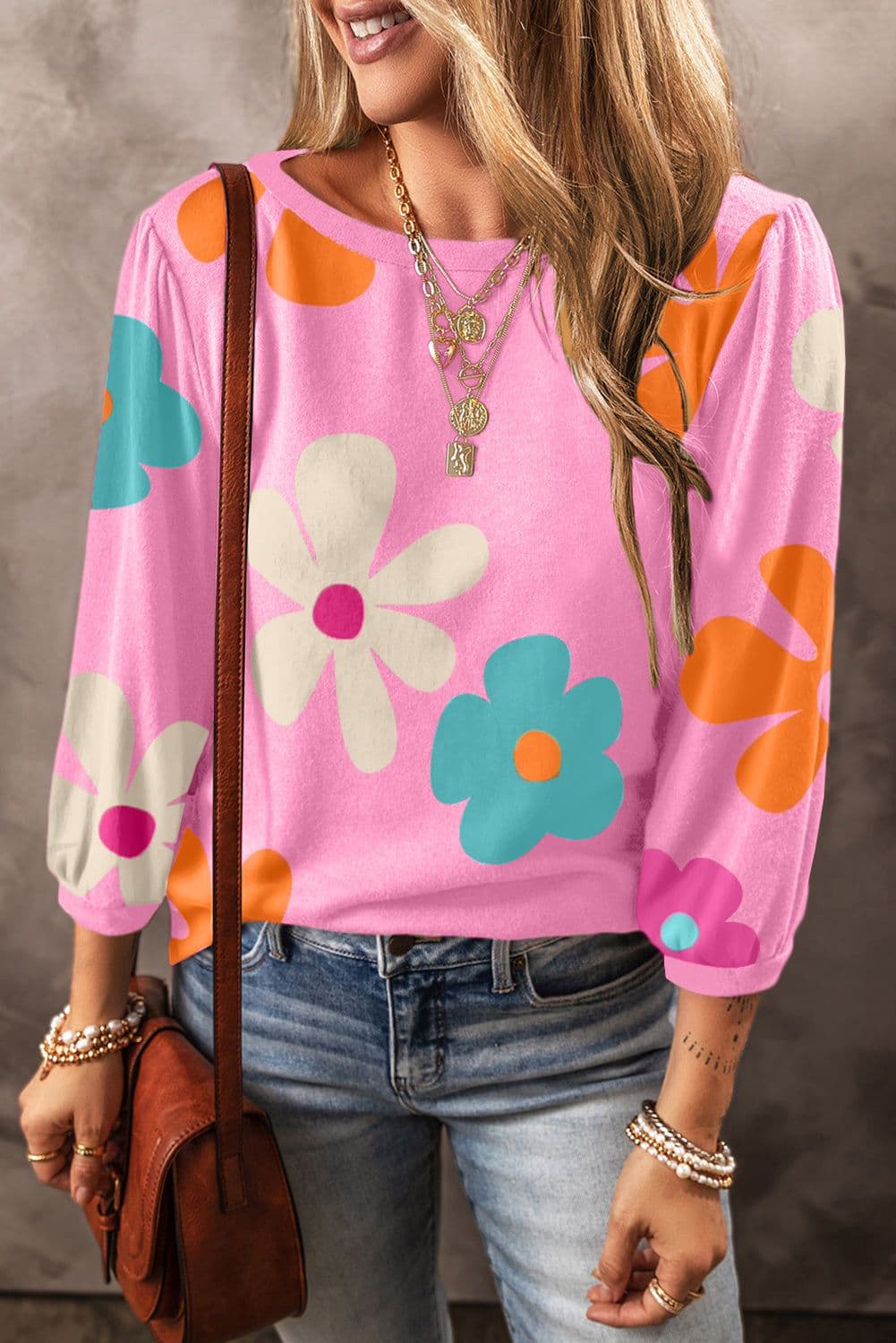 image-Apricot Cute Flower Print Bracelet Sleeve Top