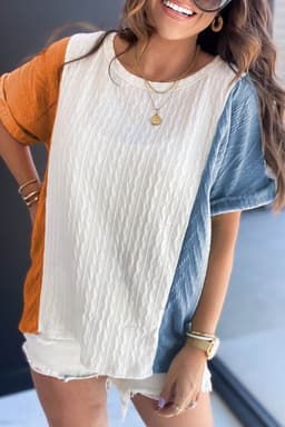 image-Light Blue Textured Color Block Loose Fit T Shirt