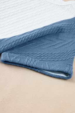 image-Light Blue Textured Color Block Loose Fit T Shirt