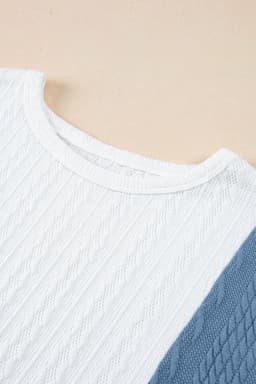 image-Light Blue Textured Color Block Loose Fit T Shirt