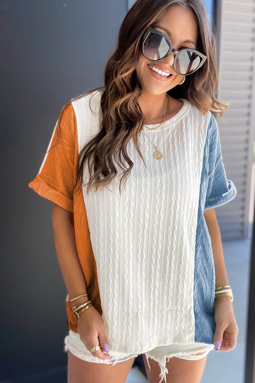 image-Light Blue Textured Color Block Loose Fit T Shirt