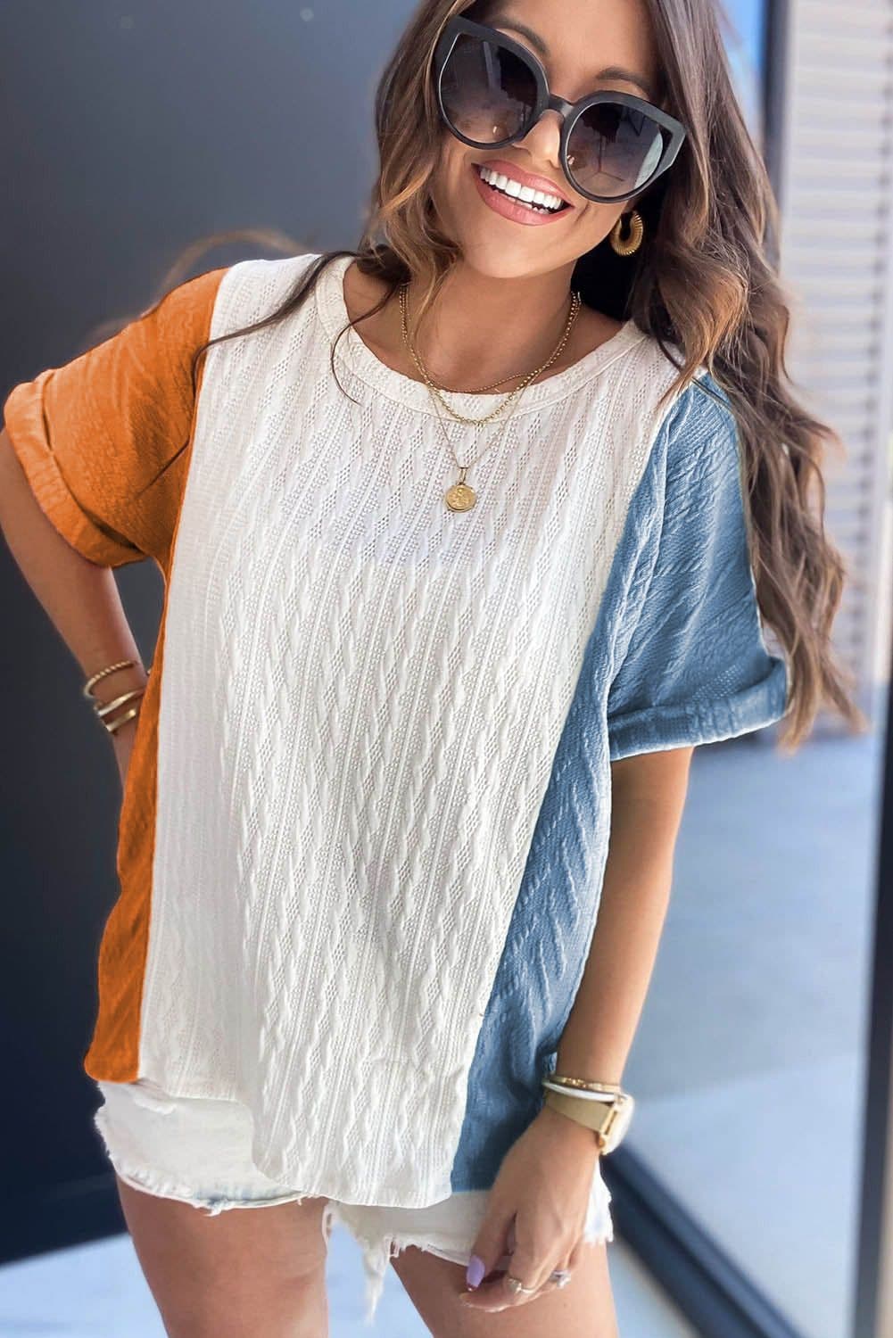image-Light Blue Textured Color Block Loose Fit T Shirt