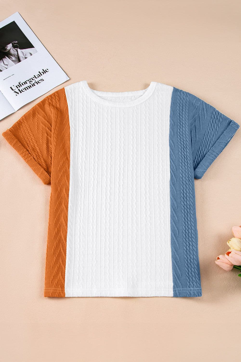 image-Light Blue Textured Color Block Loose Fit T Shirt