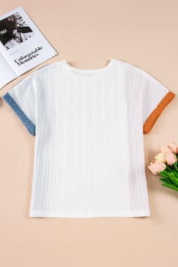 image-Light Blue Textured Color Block Loose Fit T Shirt