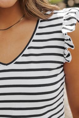 image-White Stripe Butterfly Sleeve V Neck Hollowed Knot Back T Shirt