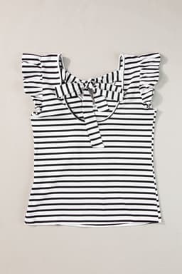 image-White Stripe Butterfly Sleeve V Neck Hollowed Knot Back T Shirt