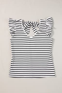 image-White Stripe Butterfly Sleeve V Neck Hollowed Knot Back T Shirt