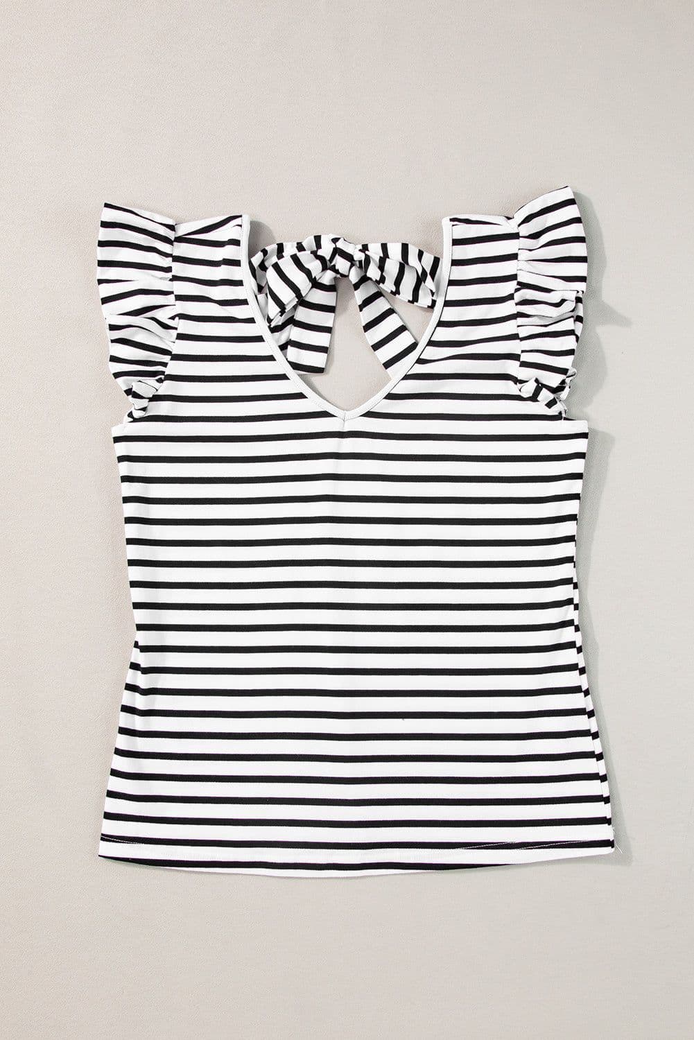 image-White Stripe Butterfly Sleeve V Neck Hollowed Knot Back T Shirt