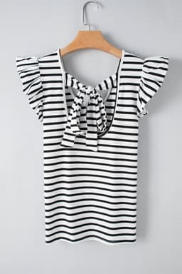 image-White Stripe Butterfly Sleeve V Neck Hollowed Knot Back T Shirt