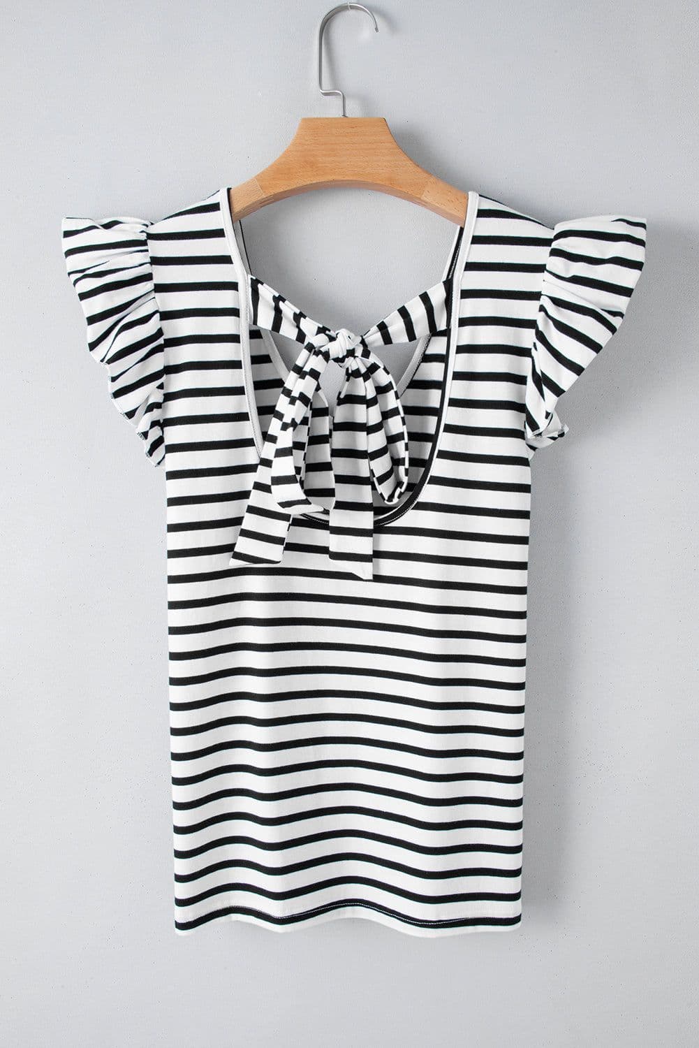 image-White Stripe Butterfly Sleeve V Neck Hollowed Knot Back T Shirt