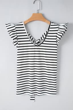 image-White Stripe Butterfly Sleeve V Neck Hollowed Knot Back T Shirt