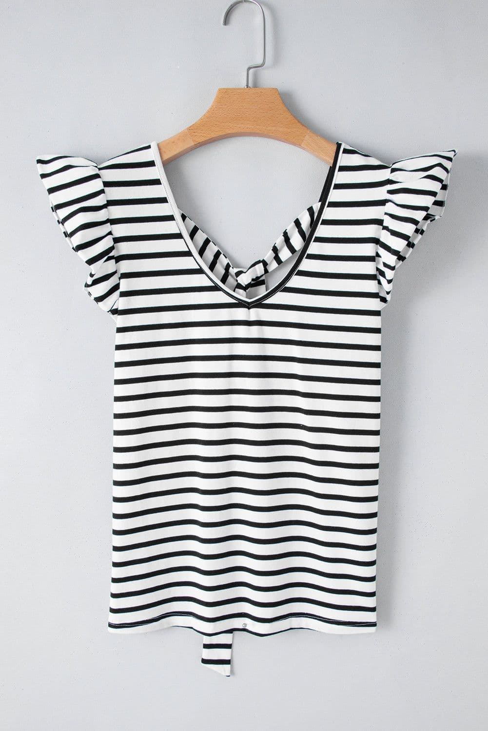 image-White Stripe Butterfly Sleeve V Neck Hollowed Knot Back T Shirt