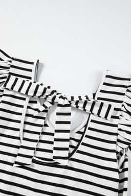 image-White Stripe Butterfly Sleeve V Neck Hollowed Knot Back T Shirt