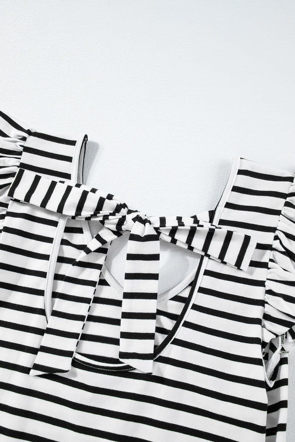 image-White Stripe Butterfly Sleeve V Neck Hollowed Knot Back T Shirt