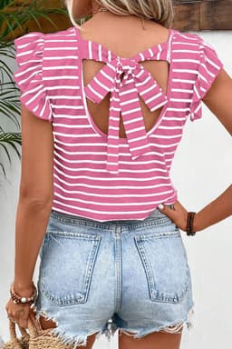 image-White Stripe Butterfly Sleeve V Neck Hollowed Knot Back T Shirt