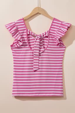 image-White Stripe Butterfly Sleeve V Neck Hollowed Knot Back T Shirt