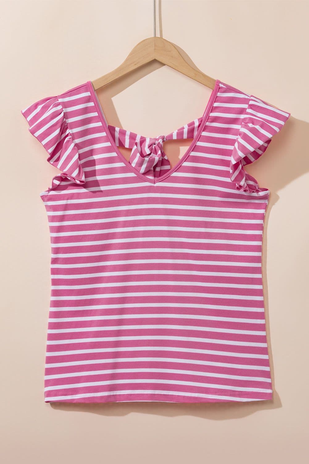 image-White Stripe Butterfly Sleeve V Neck Hollowed Knot Back T Shirt