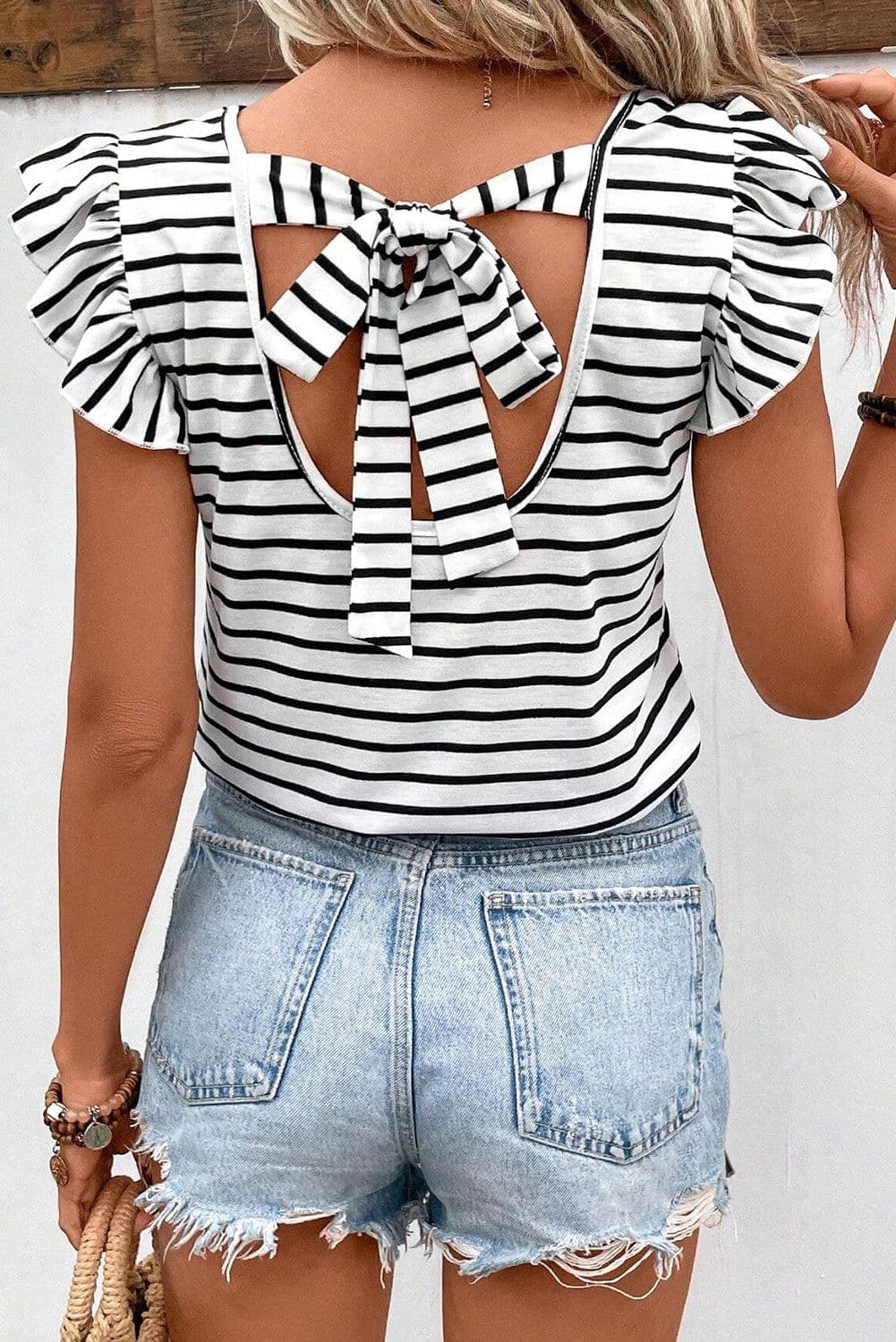 image-White Stripe Butterfly Sleeve V Neck Hollowed Knot Back T Shirt