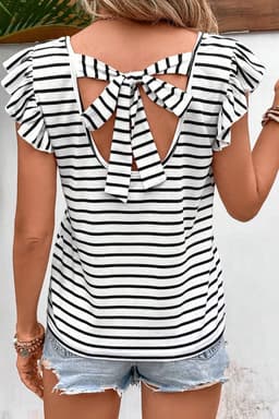 image-White Stripe Butterfly Sleeve V Neck Hollowed Knot Back T Shirt
