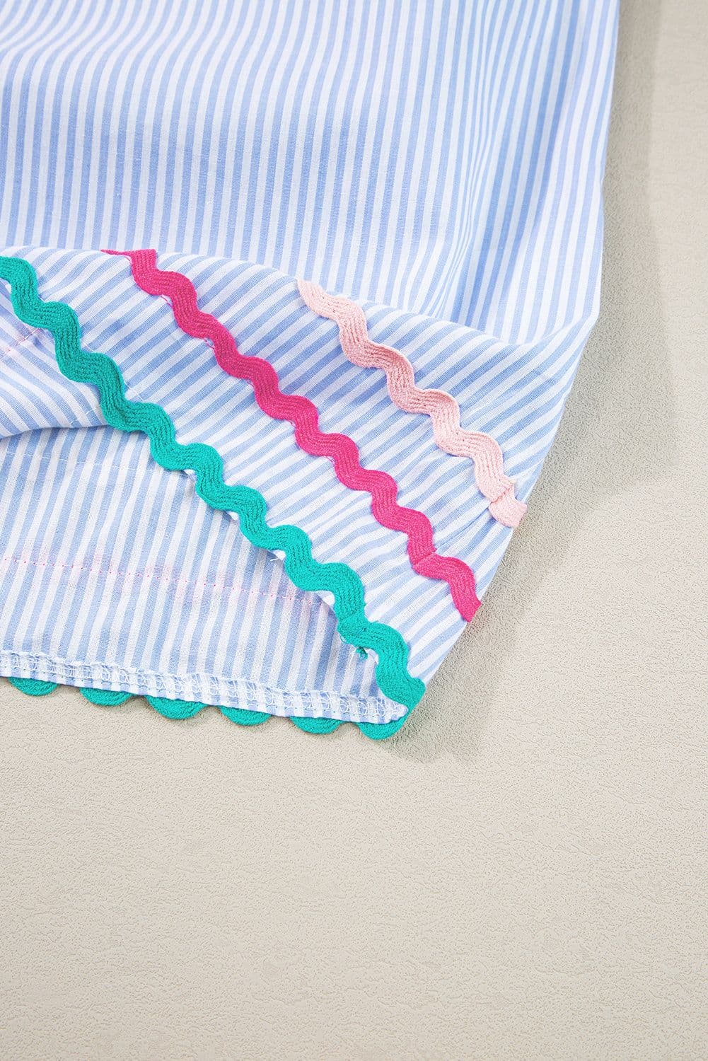 image-Sky Blue Stripe Ricrac Trim Split Neck Striped Ruffled Sleeve Blouse