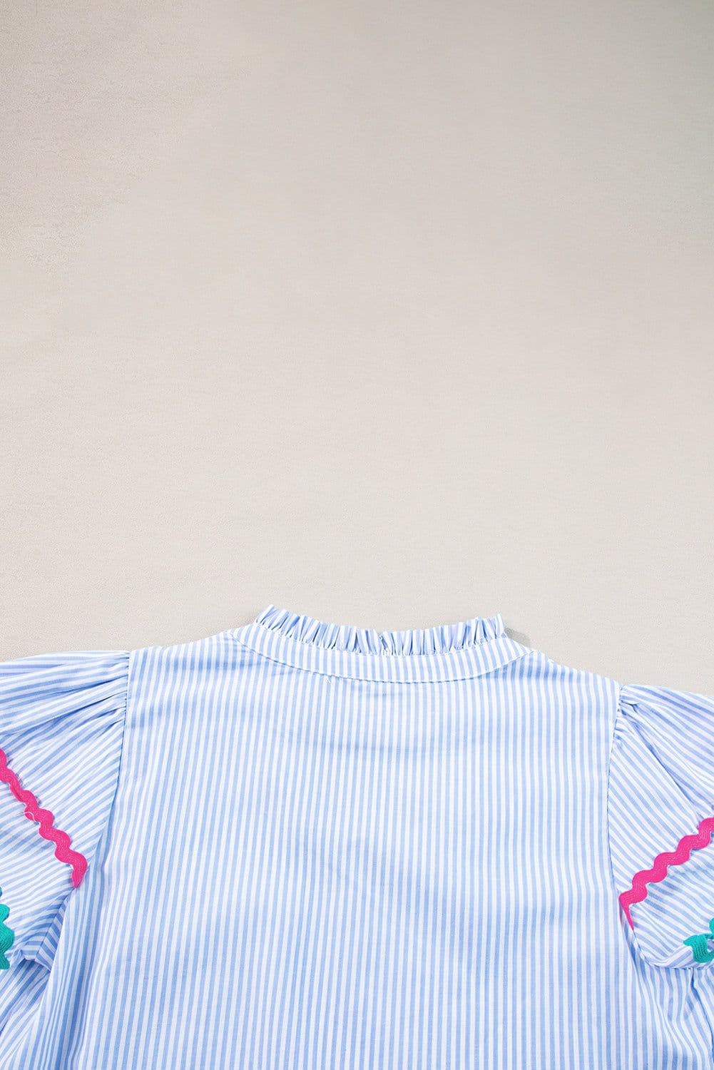 image-Sky Blue Stripe Ricrac Trim Split Neck Striped Ruffled Sleeve Blouse