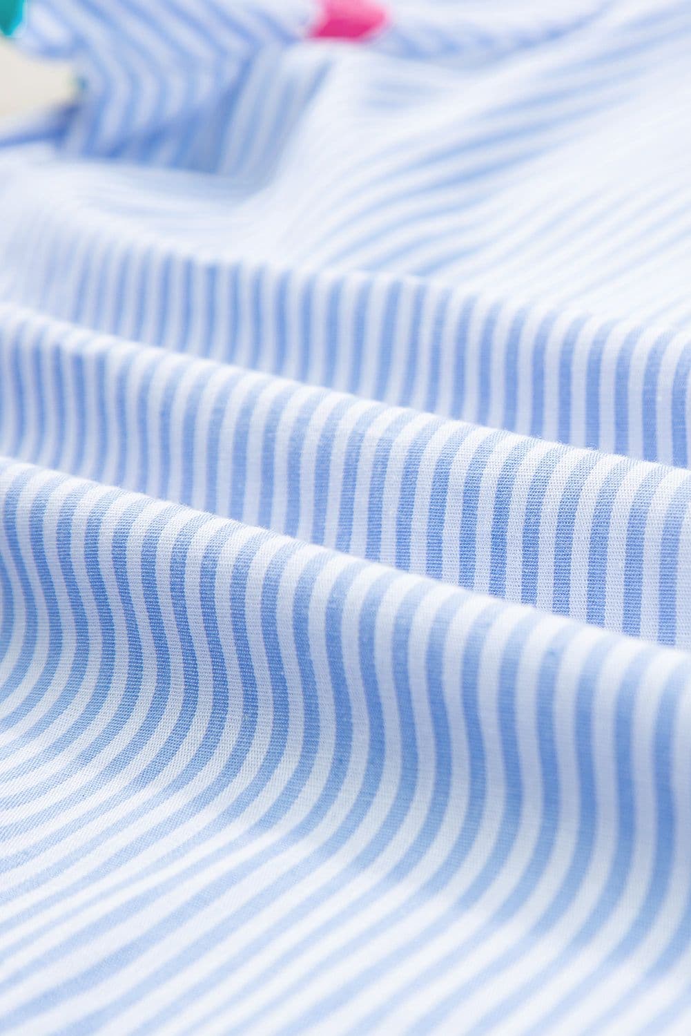 image-Sky Blue Stripe Ricrac Trim Split Neck Striped Ruffled Sleeve Blouse