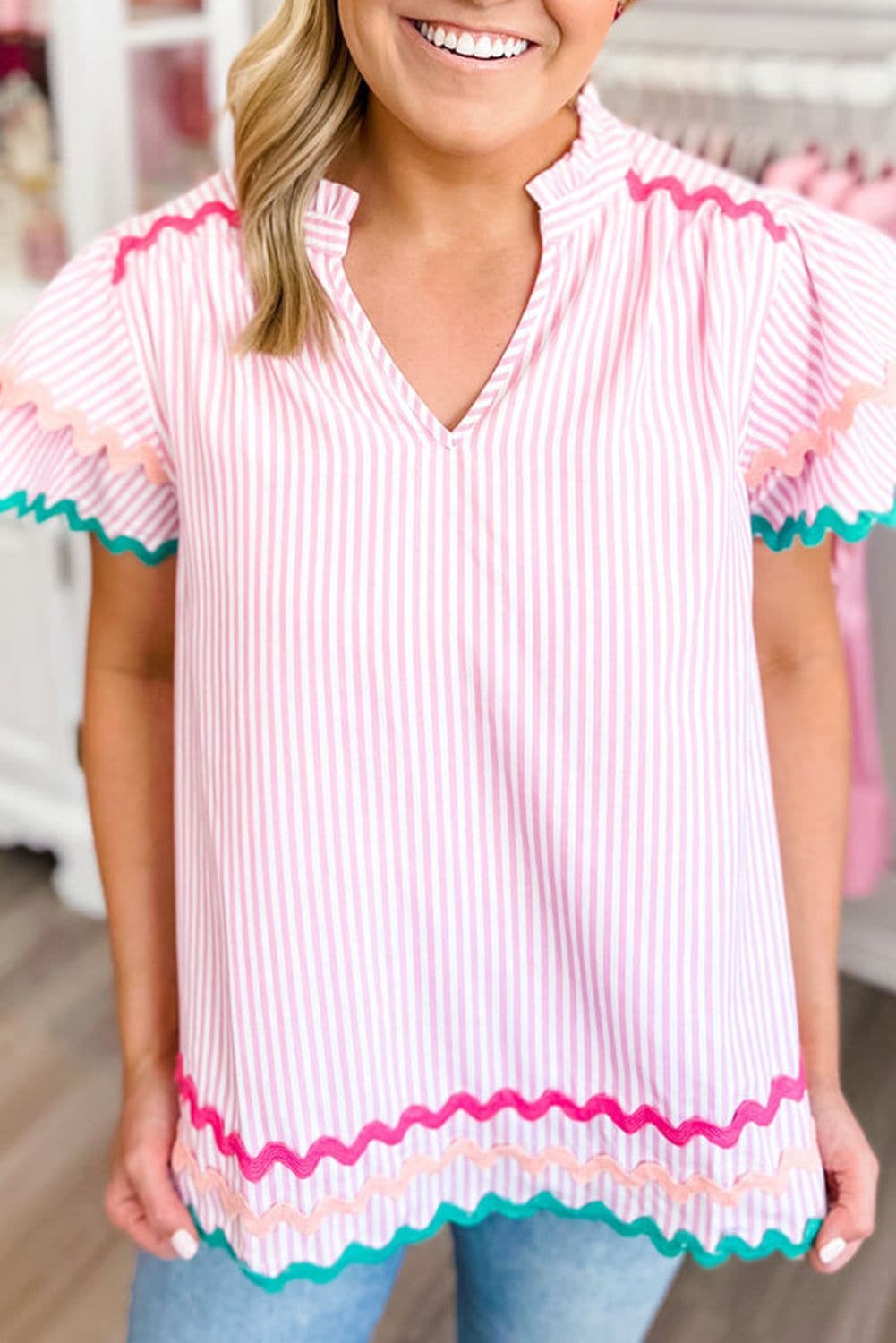 image-Sky Blue Stripe Ricrac Trim Split Neck Striped Ruffled Sleeve Blouse