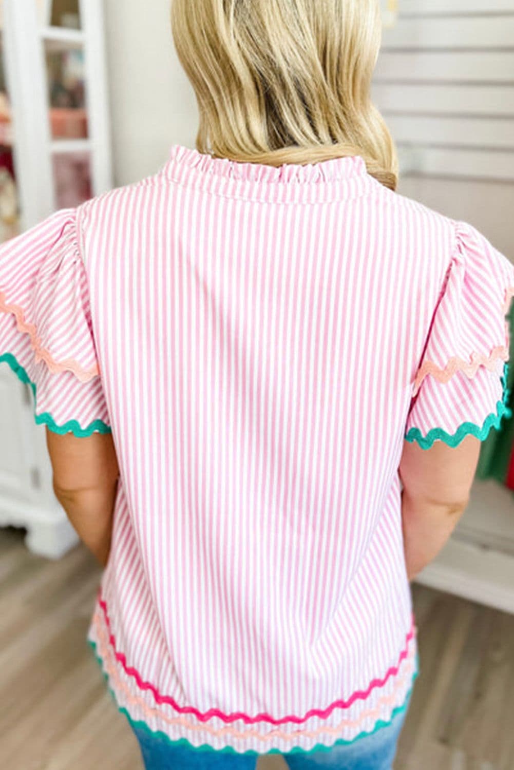 image-Sky Blue Stripe Ricrac Trim Split Neck Striped Ruffled Sleeve Blouse