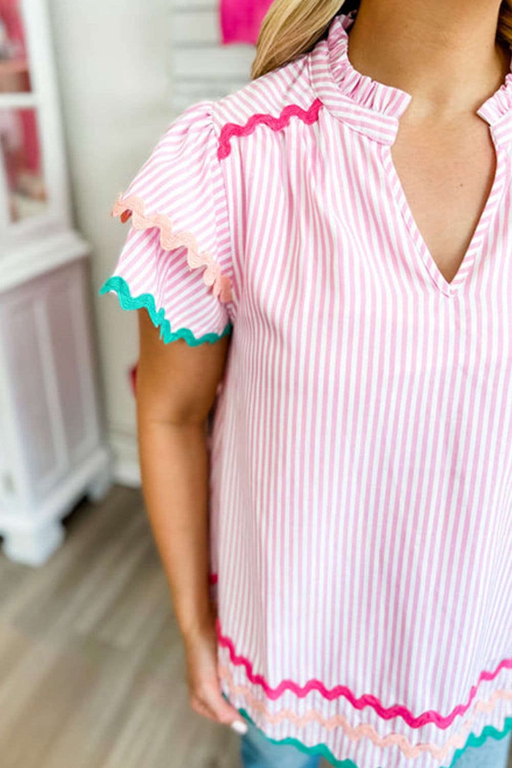 image-Sky Blue Stripe Ricrac Trim Split Neck Striped Ruffled Sleeve Blouse