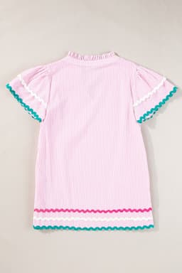 image-Sky Blue Stripe Ricrac Trim Split Neck Striped Ruffled Sleeve Blouse