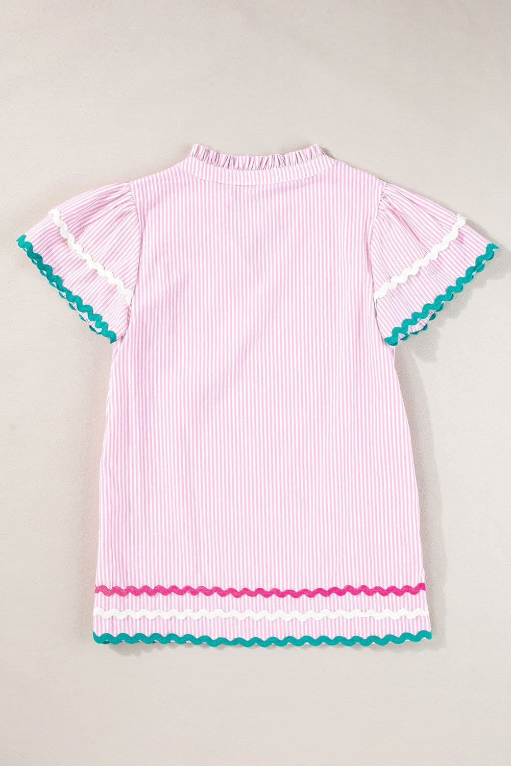 image-Sky Blue Stripe Ricrac Trim Split Neck Striped Ruffled Sleeve Blouse