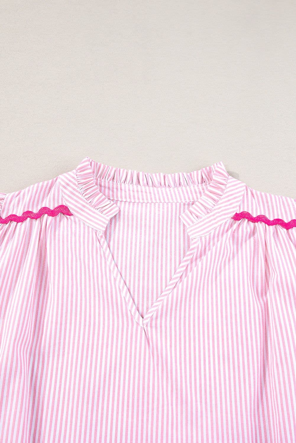 image-Sky Blue Stripe Ricrac Trim Split Neck Striped Ruffled Sleeve Blouse
