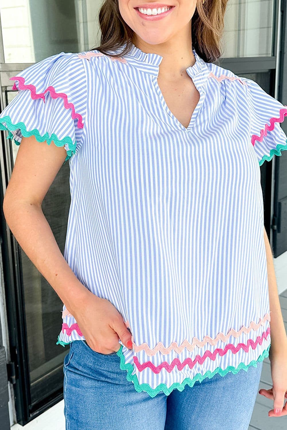 image-Sky Blue Stripe Ricrac Trim Split Neck Striped Ruffled Sleeve Blouse