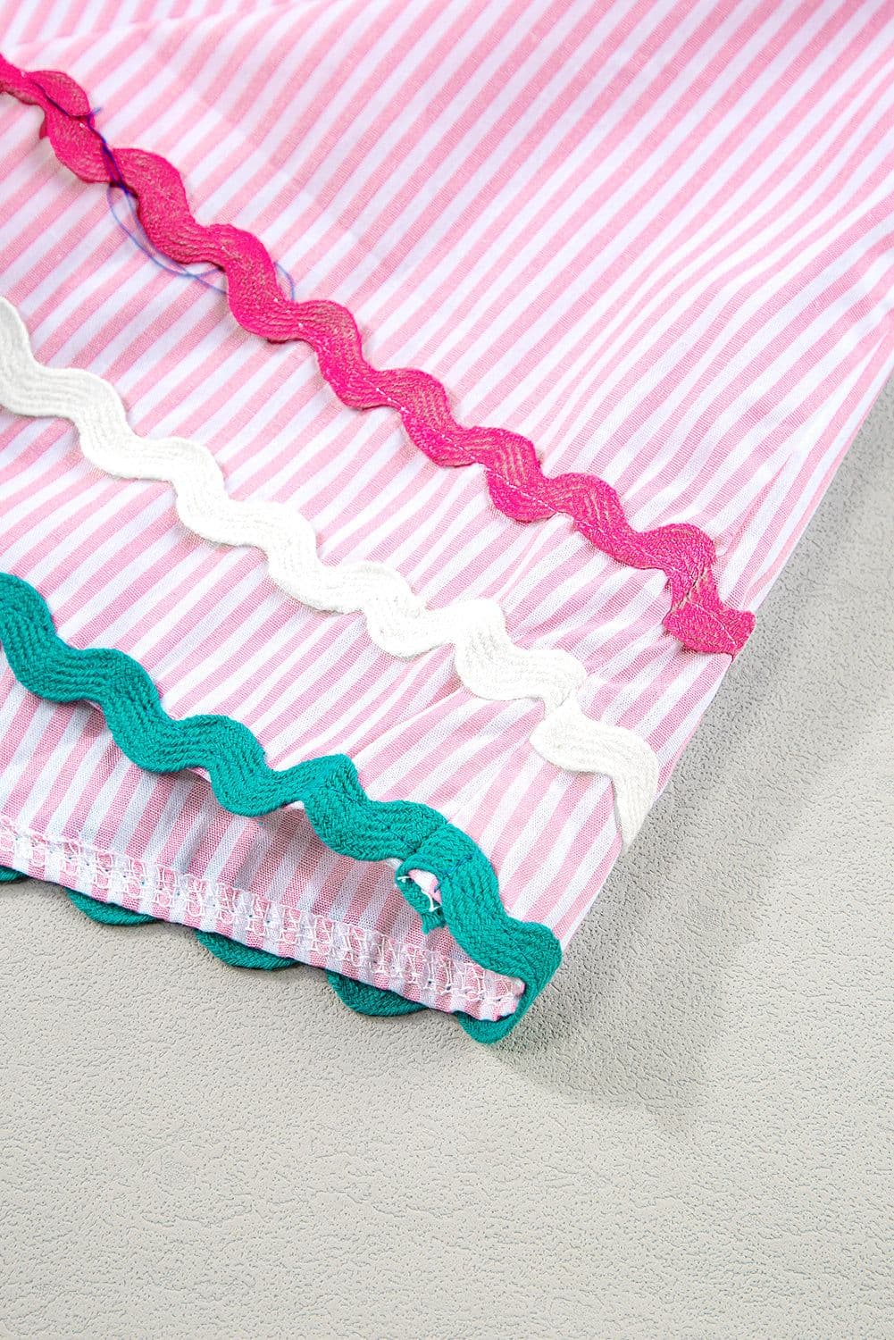 image-Sky Blue Stripe Ricrac Trim Split Neck Striped Ruffled Sleeve Blouse